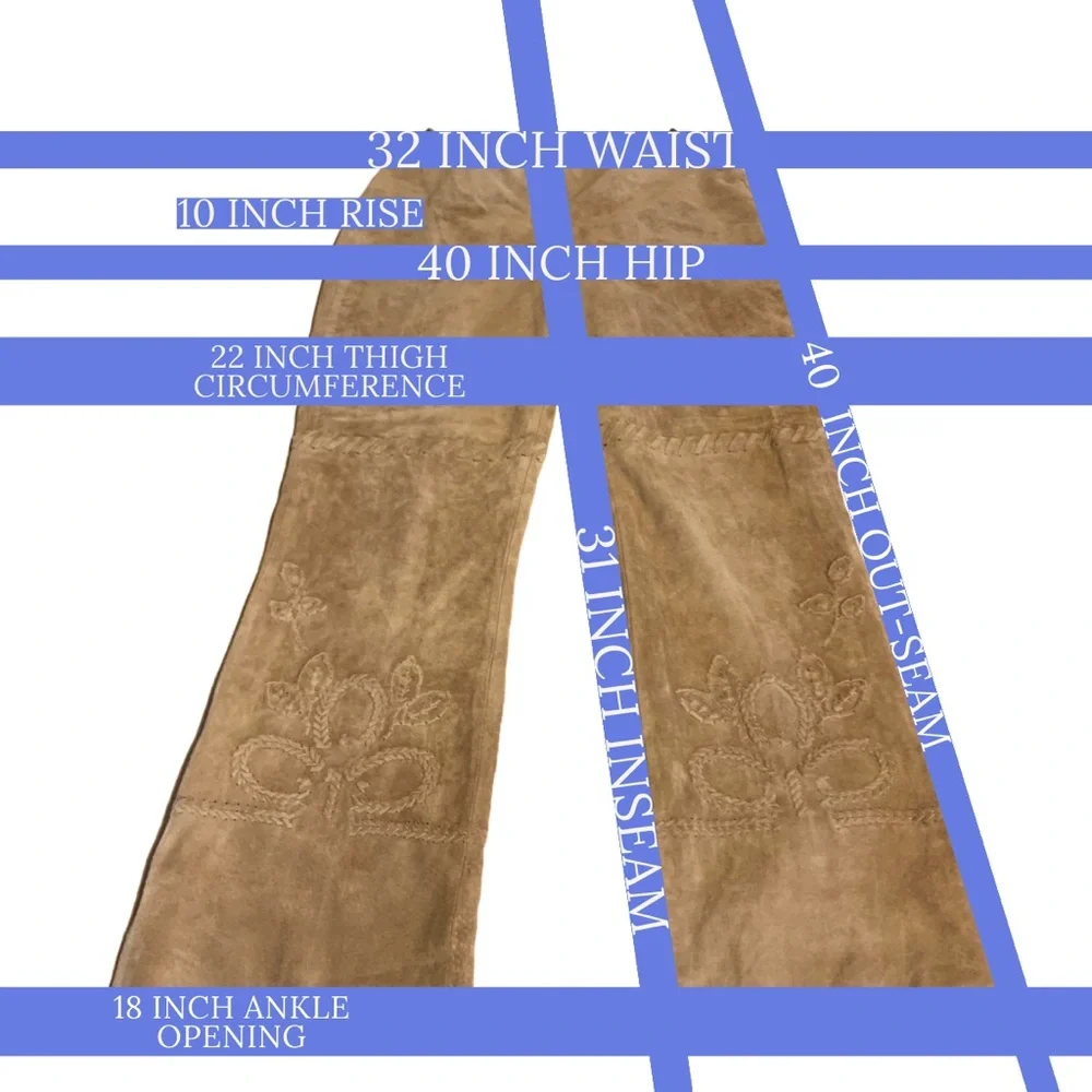 MARGARET GODFREY TAN SUEDE WHIP STITCH W/FLORAL DESIGN FLARE LEG PANTS (10) - Picture 13 of 14